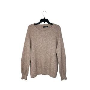 MEROKEETY Crewneck Balloon Sleeve Sweater Sz L Beige Tan Neutral Cozy Knit